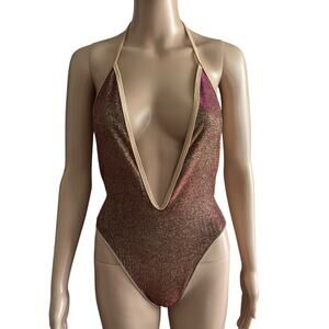 La Costanera Metallic Gold Pink Plunge Monokini One Piece Swimsuit Rave One New